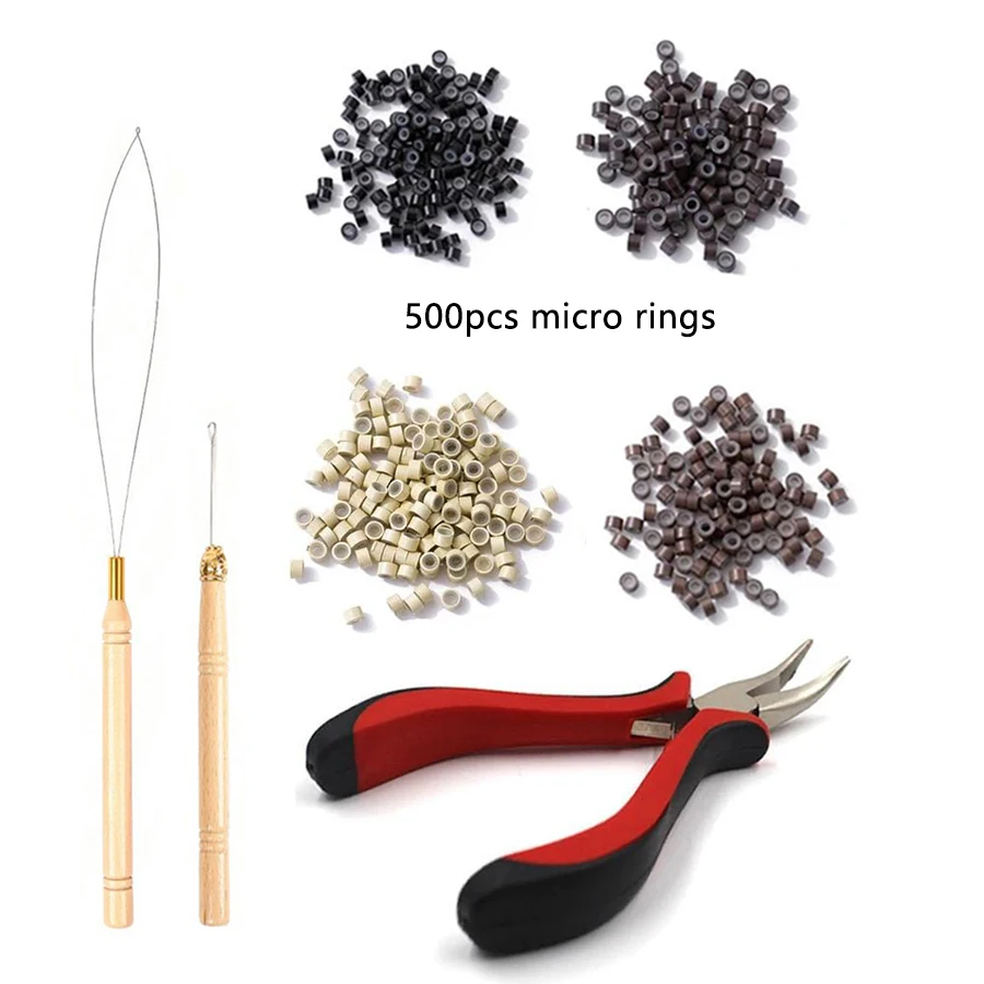 Hair Extensions Beads Tools Kit with Micro Pulling Needle Loop Threader And 500pcsSilicone Lined Micro Rings for Hair Extensions