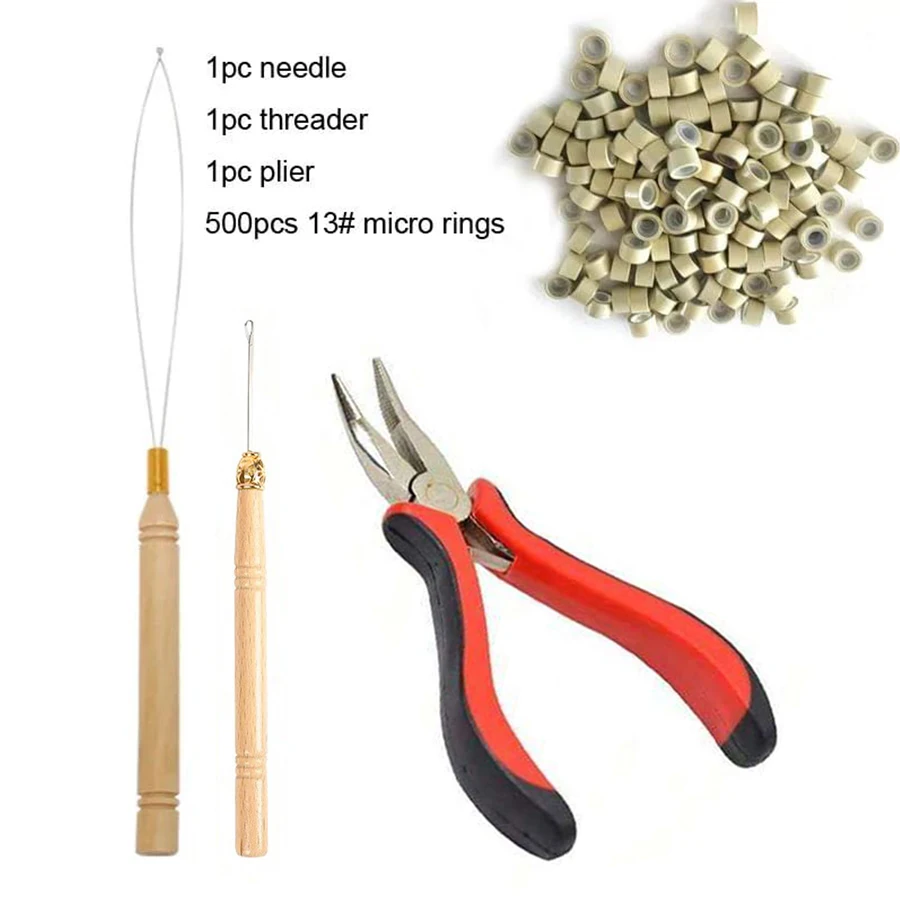 Hair Extensions Beads Tools Kit with Micro Pulling Needle Loop Threader And 500pcsSilicone Lined Micro Rings for Hair Extensions