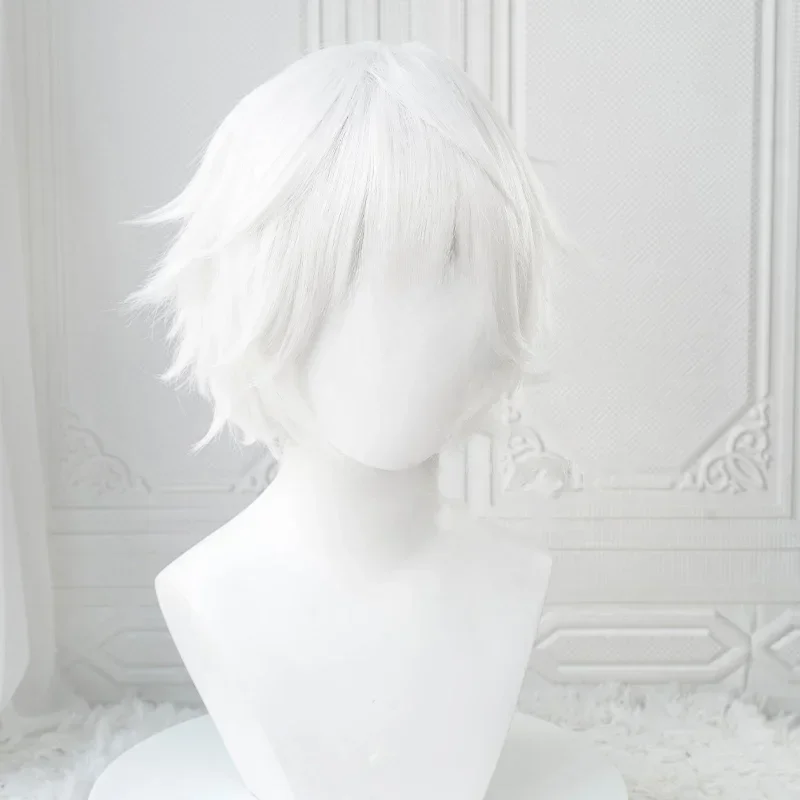 Anime Kaneki Ken Cosplay Wigs Short White Fluffy Wigs Eye Patch Heat Resistant Synthetic Hair Party Role Play Wig with Bangs