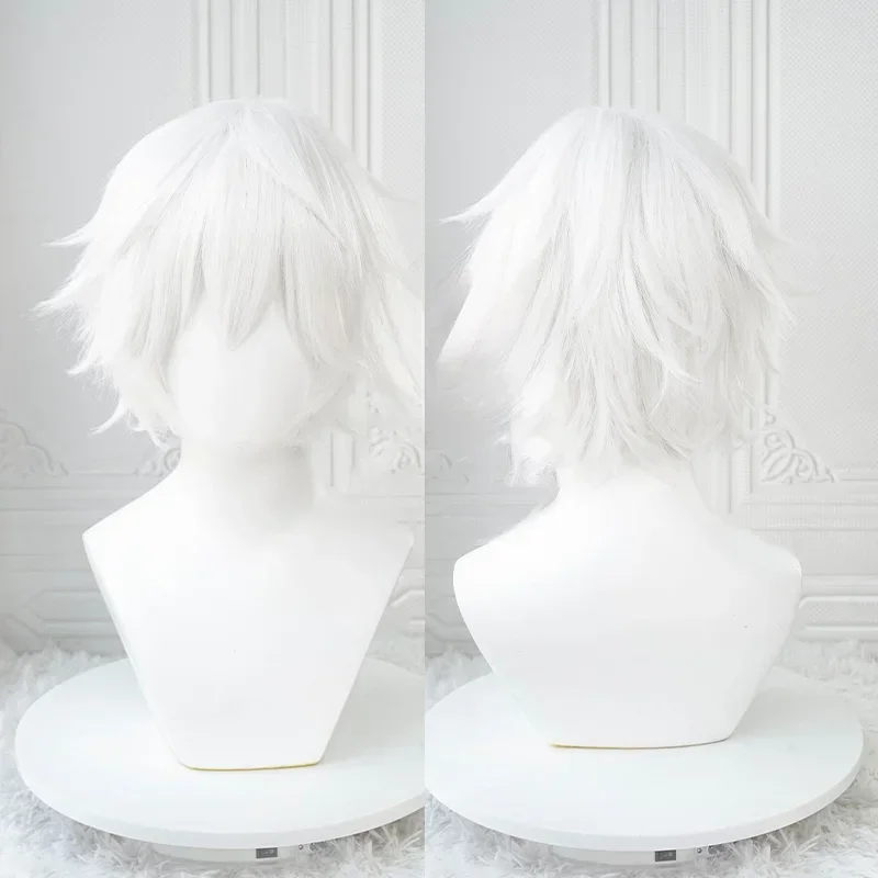Anime Kaneki Ken Cosplay Wigs Short White Fluffy Wigs Eye Patch Heat Resistant Synthetic Hair Party Role Play Wig with Bangs