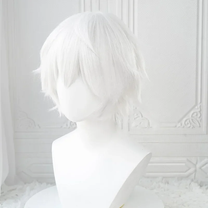 Anime Kaneki Ken Cosplay Wigs Short White Fluffy Wigs Eye Patch Heat Resistant Synthetic Hair Party Role Play Wig with Bangs