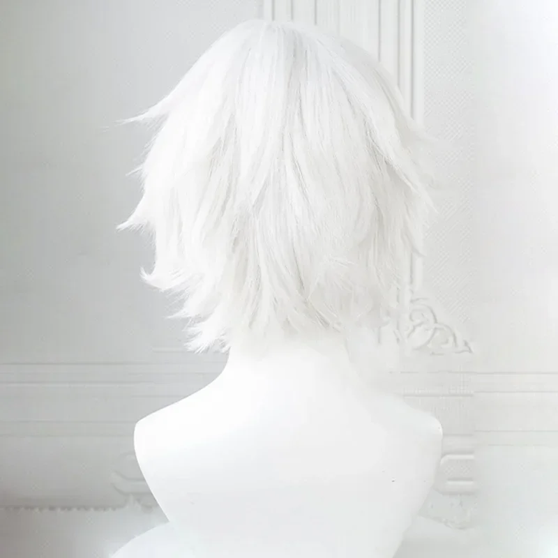 Anime Kaneki Ken Cosplay Wigs Short White Fluffy Wigs Eye Patch Heat Resistant Synthetic Hair Party Role Play Wig with Bangs