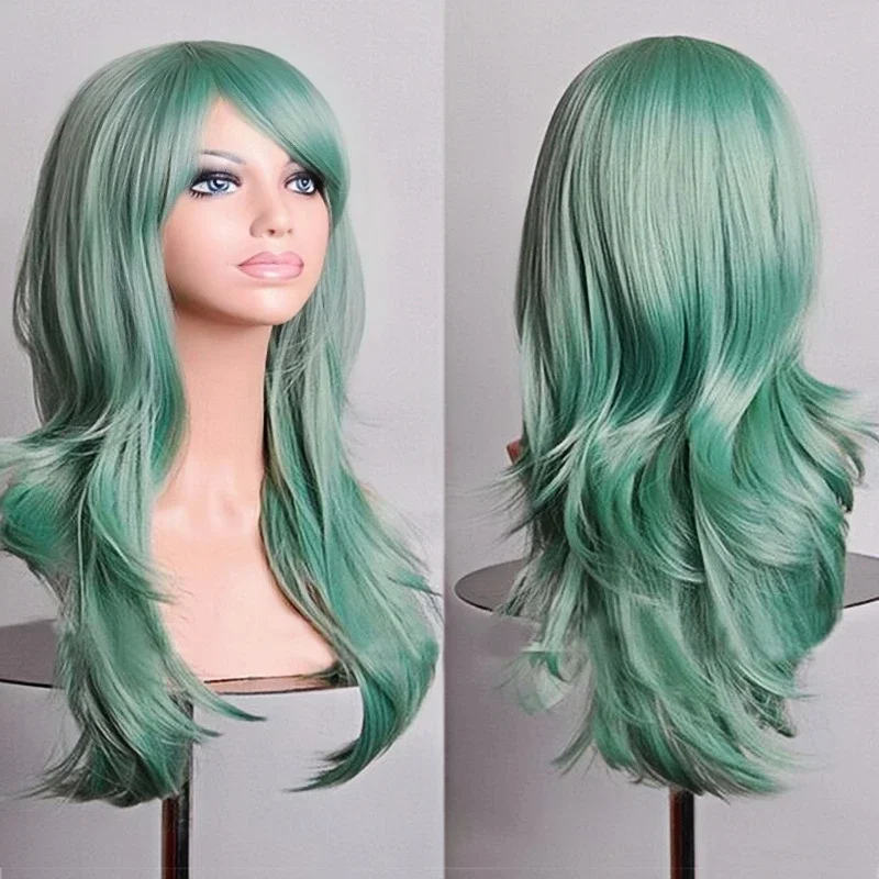 70cm Long Synthetic Wigs Pink Purple Black Wig Wavy Halloween Costume Hair Fake Hairpieces Lolita Blue Wig
