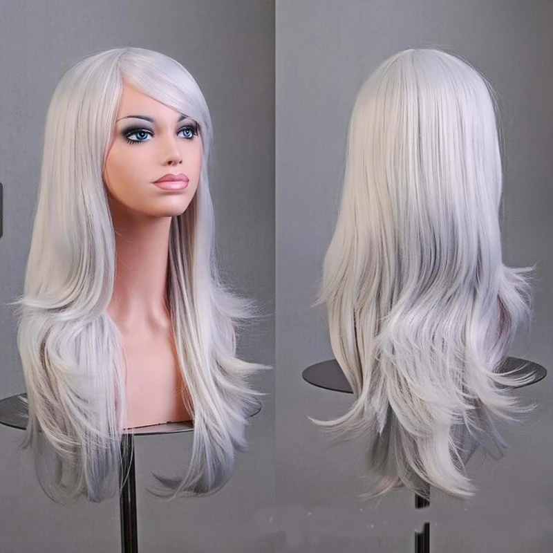 70cm Long Synthetic Wigs Pink Purple Black Wig Wavy Halloween Costume Hair Fake Hairpieces Lolita Blue Wig