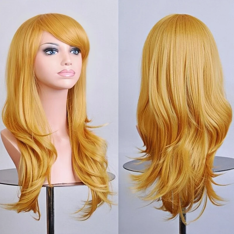 70cm Long Synthetic Wigs Pink Purple Black Wig Wavy Halloween Costume Hair Fake Hairpieces Lolita Blue Wig