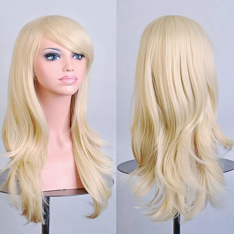 70cm Long Synthetic Wigs Pink Purple Black Wig Wavy Halloween Costume Hair Fake Hairpieces Lolita Blue Wig