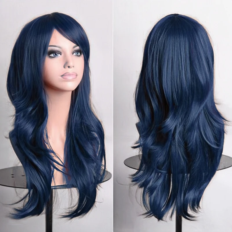 70cm Long Synthetic Wigs Pink Purple Black Wig Wavy Halloween Costume Hair Fake Hairpieces Lolita Blue Wig