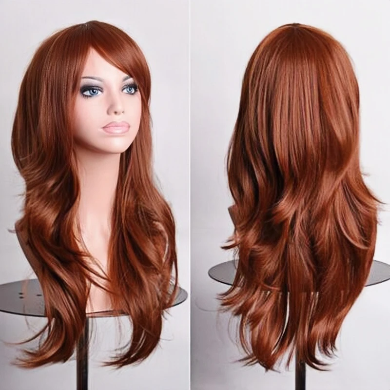 70cm Long Synthetic Wigs Pink Purple Black Wig Wavy Halloween Costume Hair Fake Hairpieces Lolita Blue Wig