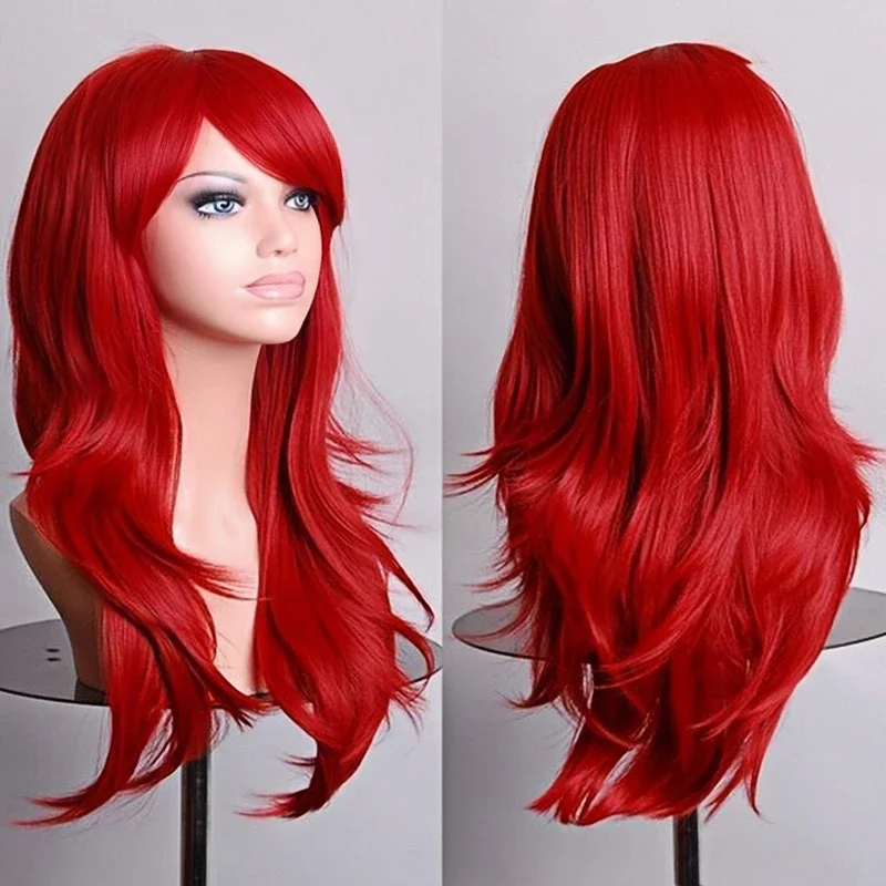 70cm Long Synthetic Wigs Pink Purple Black Wig Wavy Halloween Costume Hair Fake Hairpieces Lolita Blue Wig