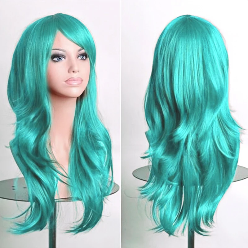 70cm Long Synthetic Wigs Pink Purple Black Wig Wavy Halloween Costume Hair Fake Hairpieces Lolita Blue Wig