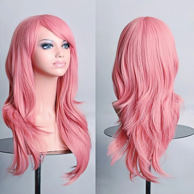 70cm Long Synthetic Wigs Pink Purple Black Wig Wavy Halloween Costume Hair Fake Hairpieces Lolita Blue Wig