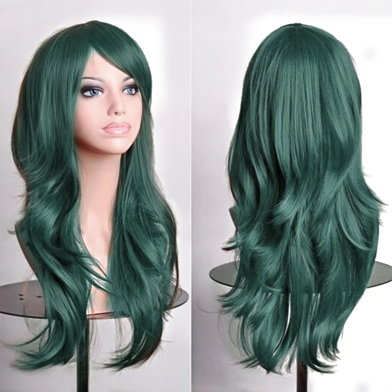 70cm Long Synthetic Wigs Pink Purple Black Wig Wavy Halloween Costume Hair Fake Hairpieces Lolita Blue Wig