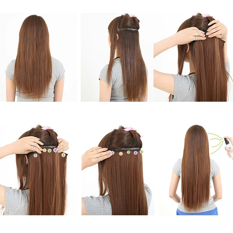 WIGSIN Synthetic 6pcs/set 24Inch Long Straight Hair Extensions Clip-in Heat Resistant Black Blonde Hairpiece for Women