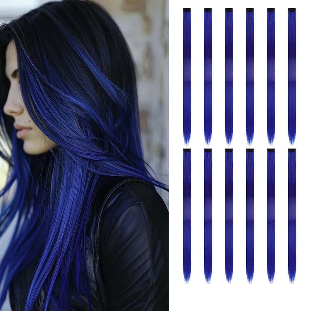 22 inches12pcs/pack Colored Party Synthetic Clip in Hair Extensions for Girls Multi-colors Straight Hair Synthetic Hairpieces