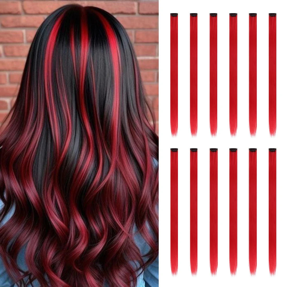 22 inches12pcs/pack Colored Party Synthetic Clip in Hair Extensions for Girls Multi-colors Straight Hair Synthetic Hairpieces
