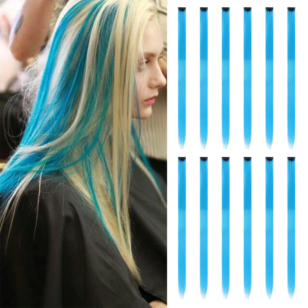 22 inches12pcs/pack Colored Party Synthetic Clip in Hair Extensions for Girls Multi-colors Straight Hair Synthetic Hairpieces