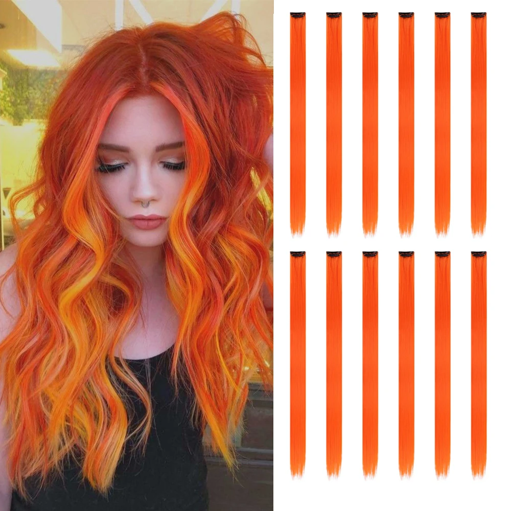 22 inches12pcs/pack Colored Party Synthetic Clip in Hair Extensions for Girls Multi-colors Straight Hair Synthetic Hairpieces