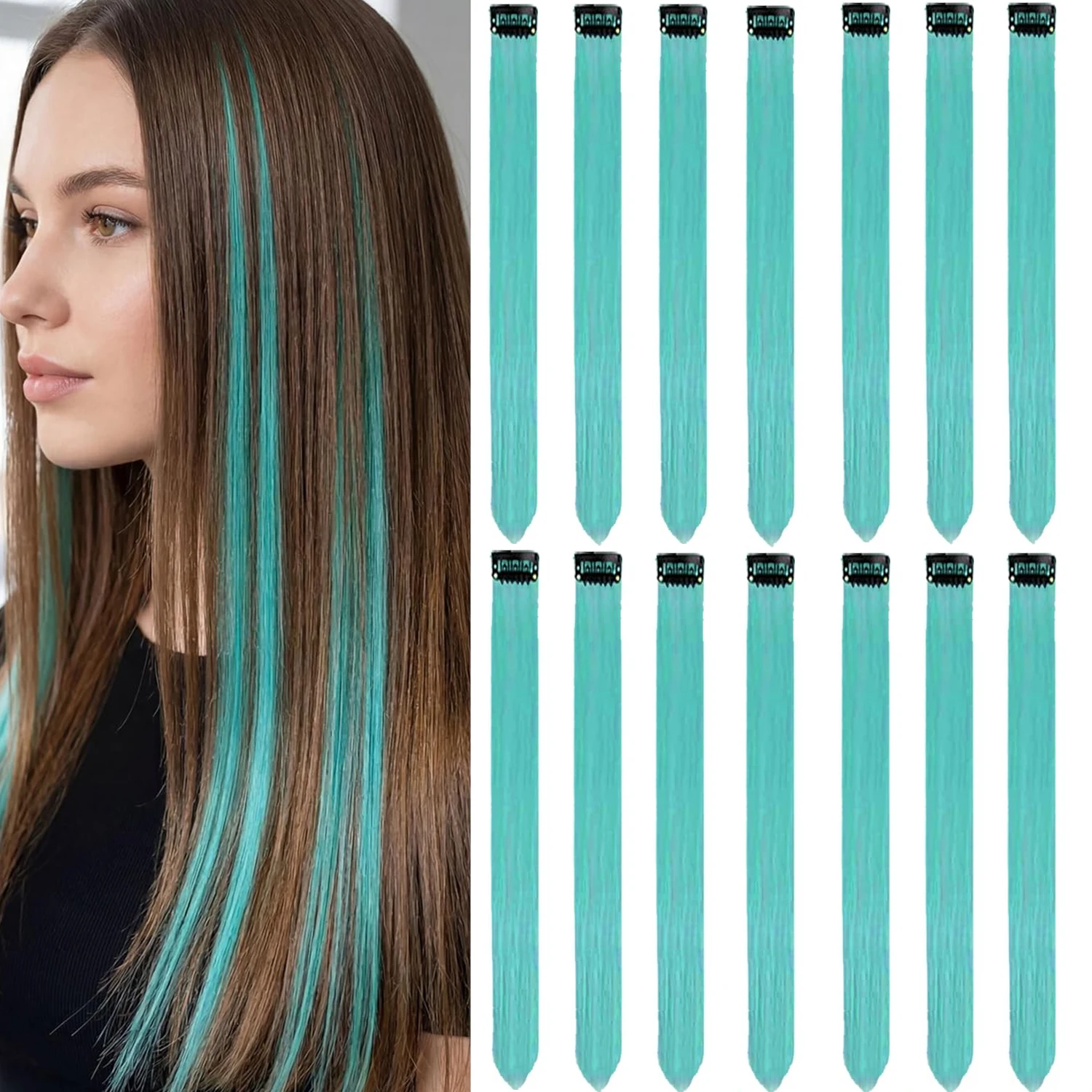 14 PCS Teal Blue Hair Extensions Clip in, 22 Inch Colored Party Synthetic Neon Highlights Extensions, Rainbow Hair Accessories