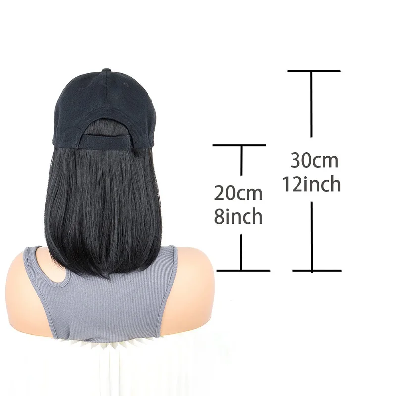 12Inch Synthetic Baseball Cap Hair Extensions Short Straight Bob Adjustable Hat Wig Easy Wear for Daily Party Women