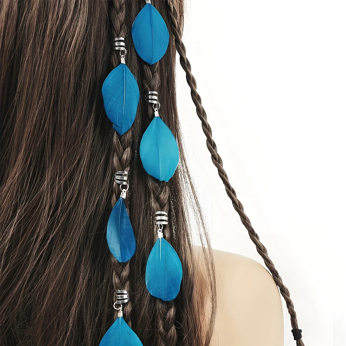 6Pcs Bohemian Style Dreadlock Blue Feather Hair Rings - Suitable for Parties & Balls
