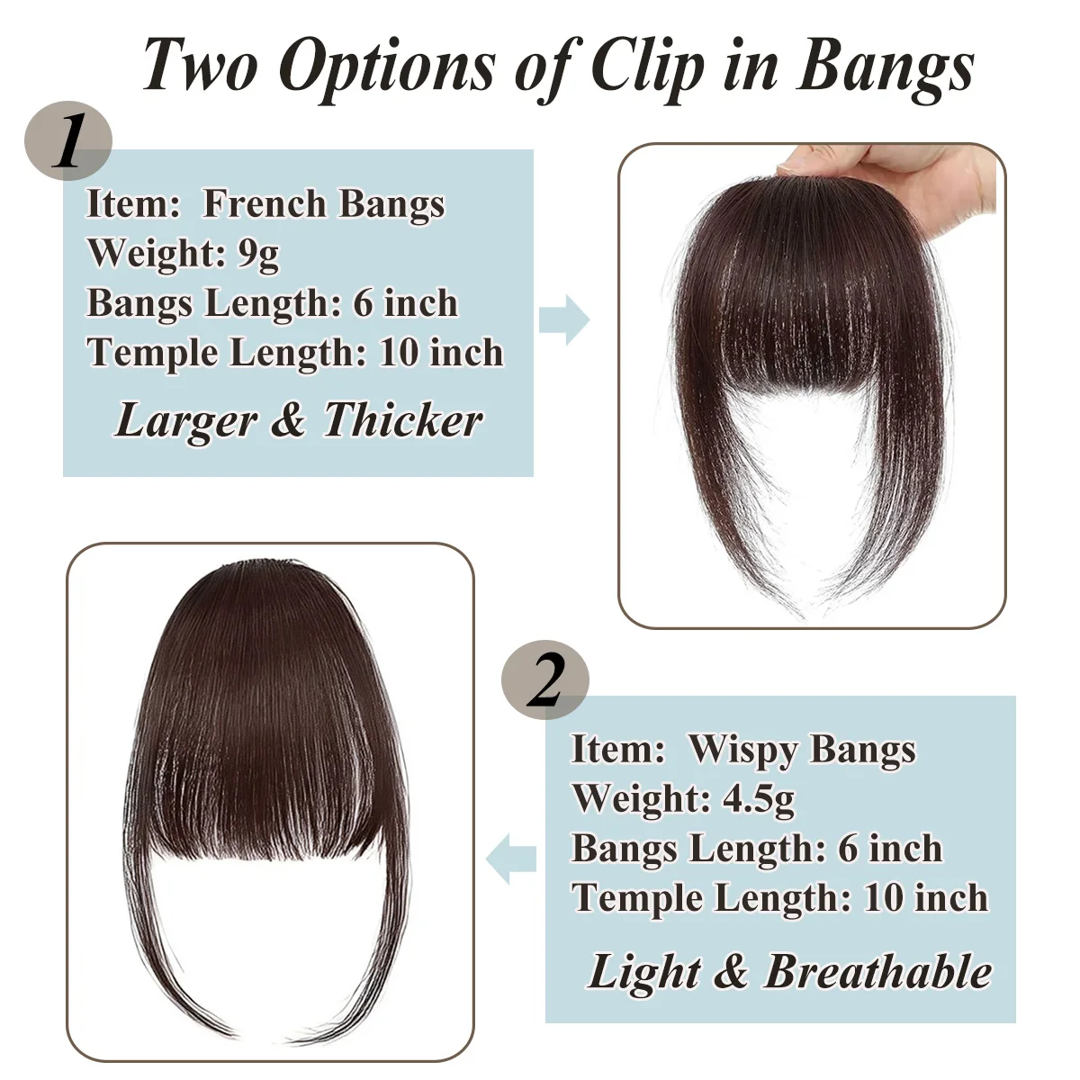 Clip In French Hair Bangs 100% Human Hair Extensions Wispy Bangs for Women Curved Fake Bangs with Fringe Temples Hairpieces