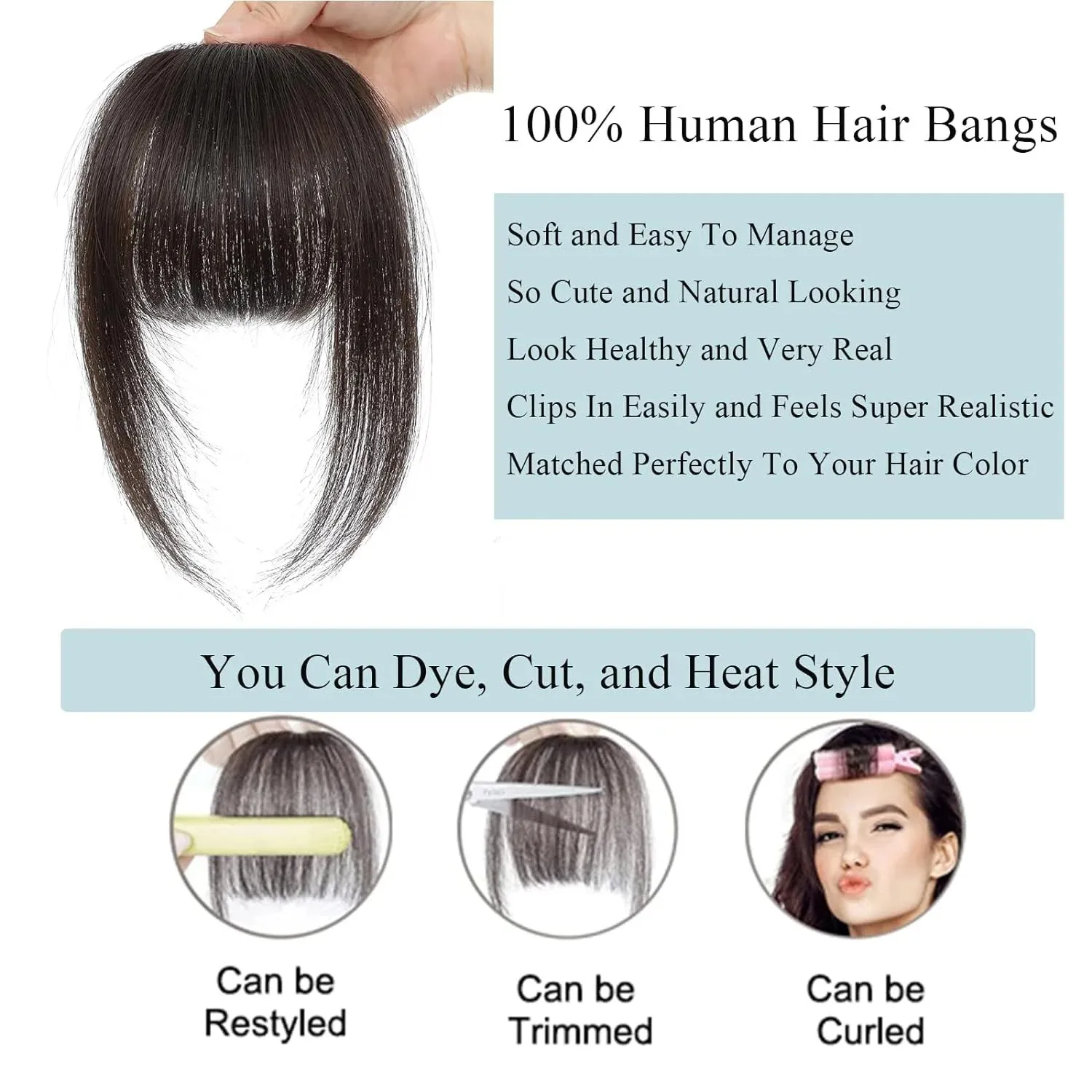 Clip In French Hair Bangs 100% Human Hair Extensions Wispy Bangs for Women Curved Fake Bangs with Fringe Temples Hairpieces
