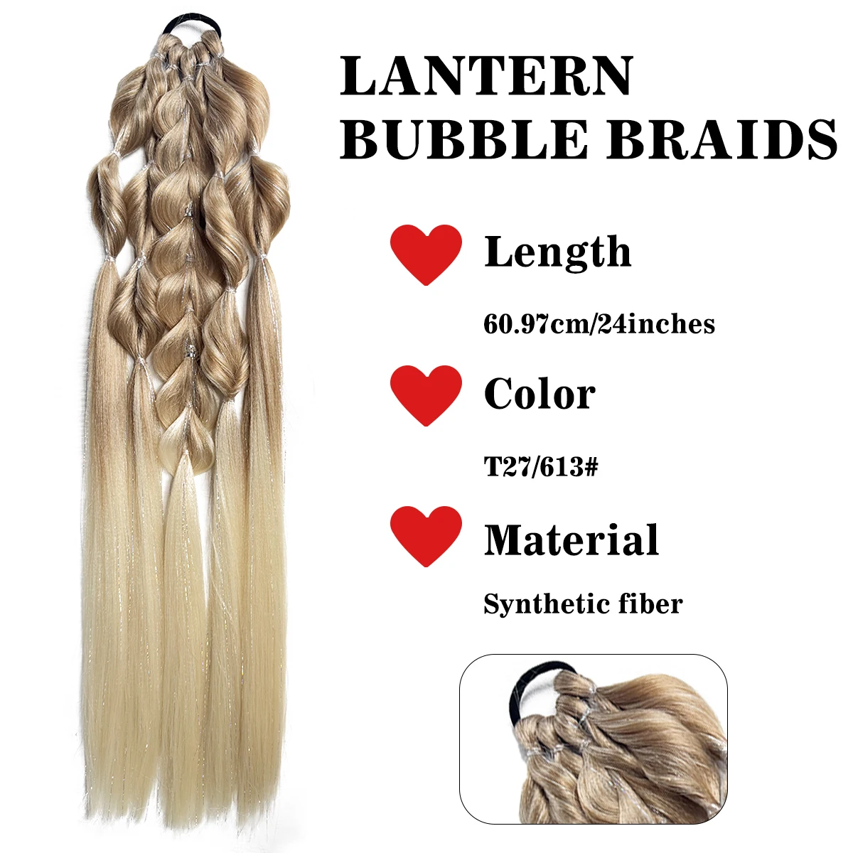 Synthetic 24-inch bubble lantern braided ponytail hair extension light golden Ombre with silver glitter wire women's daily