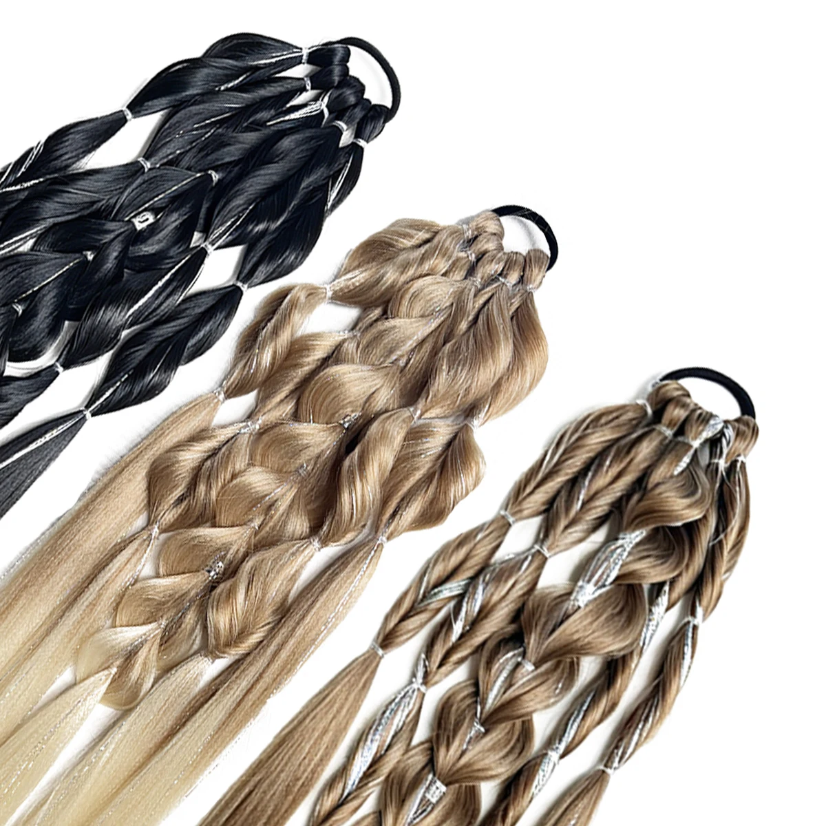 Synthetic 24-inch bubble lantern braided ponytail hair extension light golden Ombre with silver glitter wire women's daily