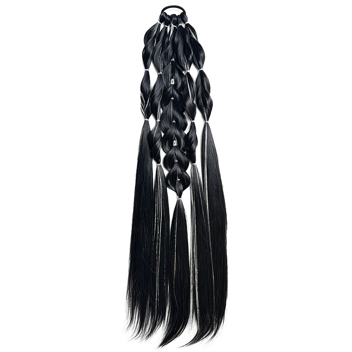 Synthetic 24-inch bubble lantern braided ponytail hair extension light golden Ombre with silver glitter wire women's daily