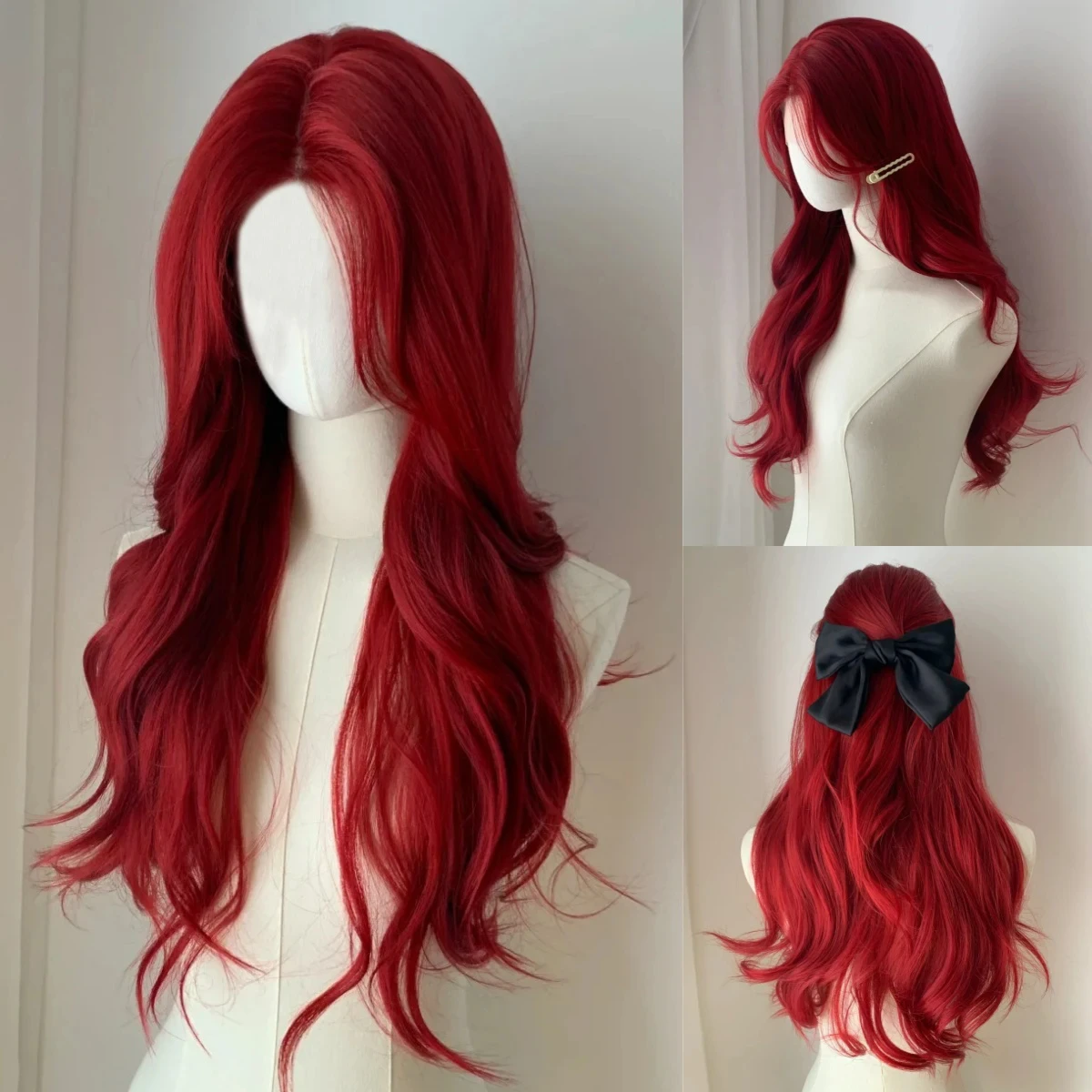 Red synthetic wig, big wave style wig, Halloween cosplay accessory, daily wear, high-temperature hair cap