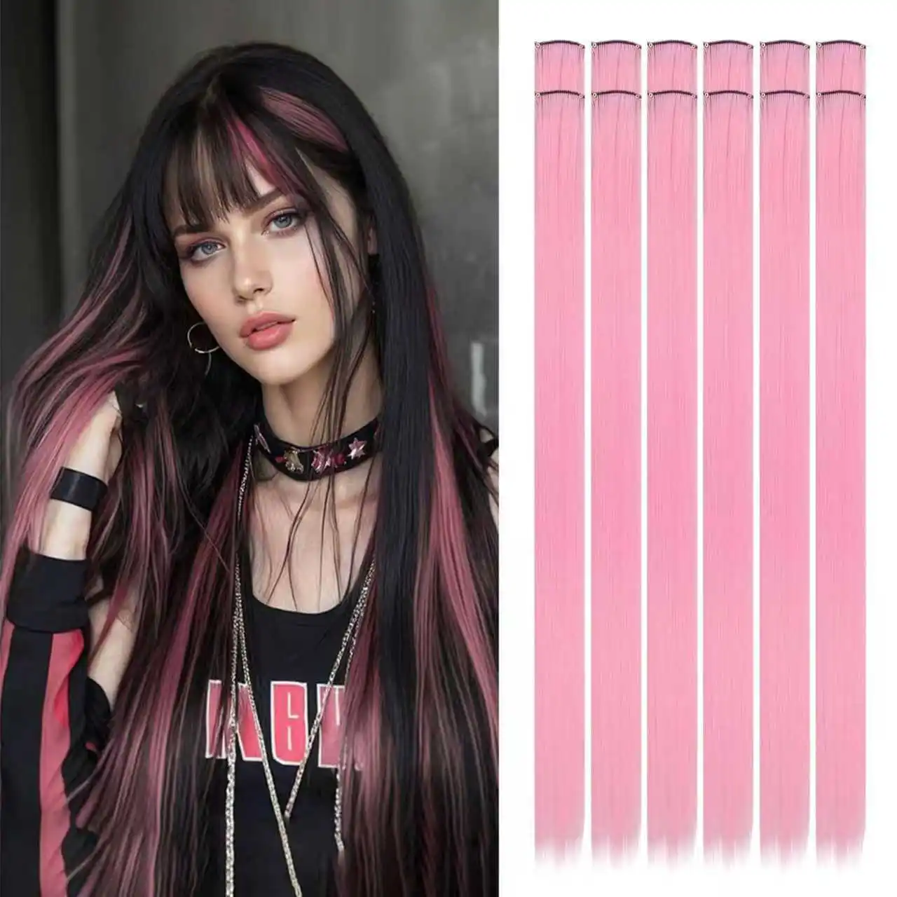 22 inch Colored Hair Extensions Straight Hairpiece, Colorful Hair Extensions Party Highlights Clip in Long Synthetic Hair Extens