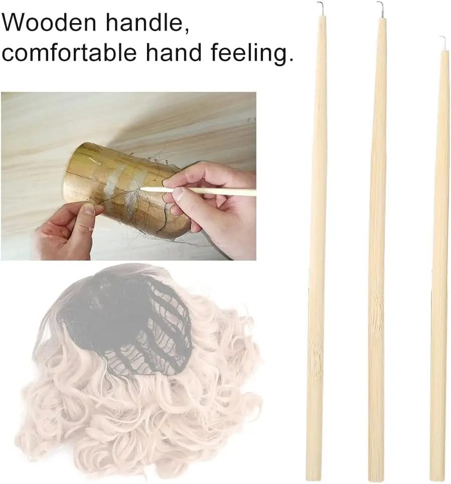4 Pcs High Quality Hooking Hair Ventilating Needles Hair Weave Needles with Wood Handle for Wig Making&Repair Lace Wig Toupee