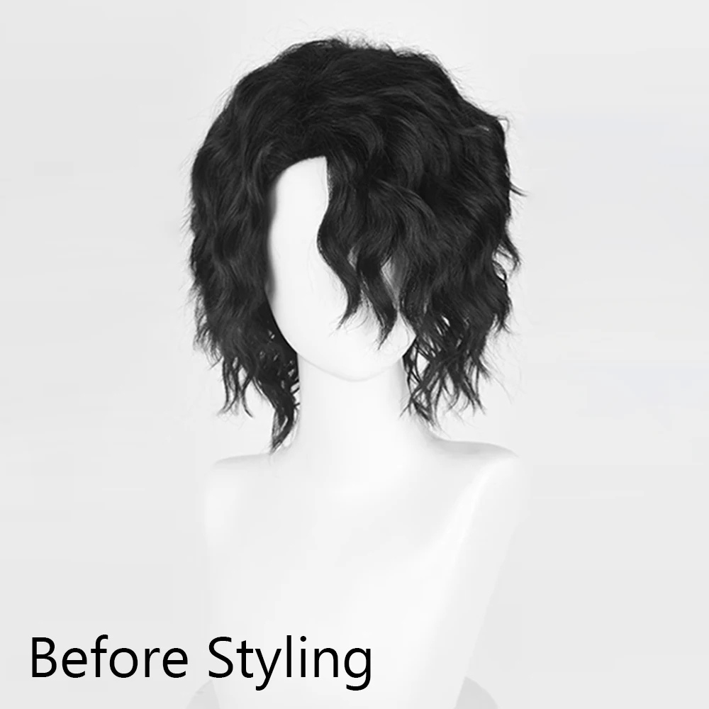 Men Synthetic Short Black Wave Curly Men Wig Anime Game Cosplay Fluffy Heat Resistant Wig for Daily Party