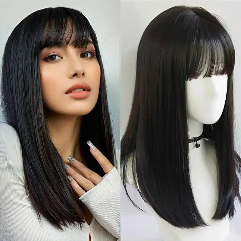 Fashion 26-inch Synthetic Wig - Black Long Straight Hair - Halloween Cosplay Hair - Daily Wig - High-Temperature Hair Accessory