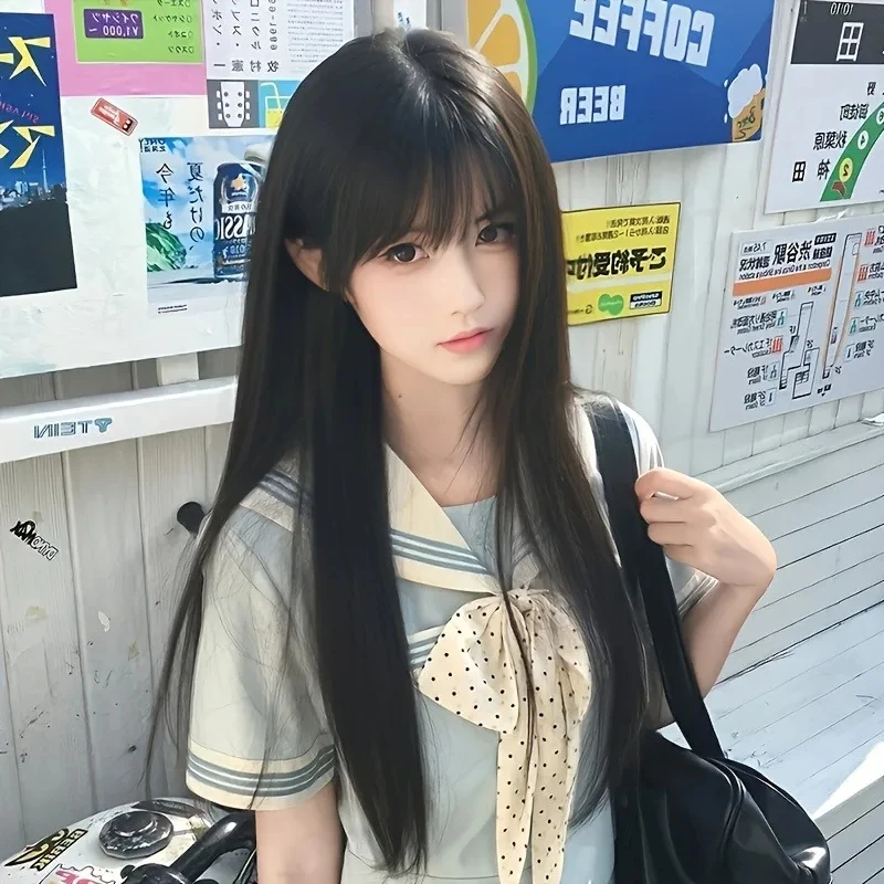 Fashion 26-inch Synthetic Wig - Black Long Straight Hair - Halloween Cosplay Hair - Daily Wig - High-Temperature Hair Accessory
