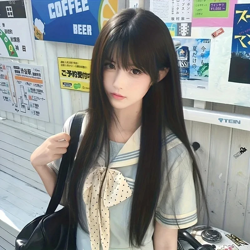 Fashion 26-inch Synthetic Wig - Black Long Straight Hair - Halloween Cosplay Hair - Daily Wig - High-Temperature Hair Accessory