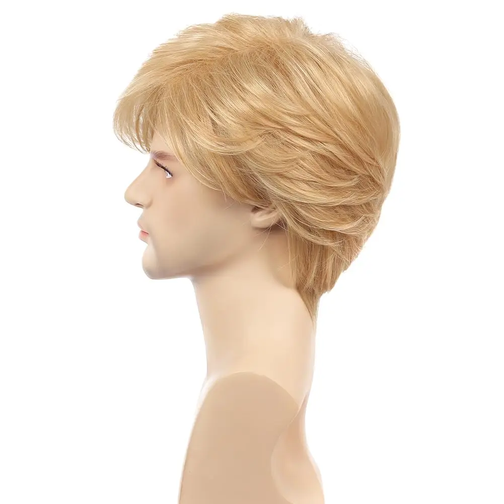 Blonde Wig Men Short Natural Layered Synthetic Hair Wigs for Male Guy Daily Halloween Cosplay Costume Wig