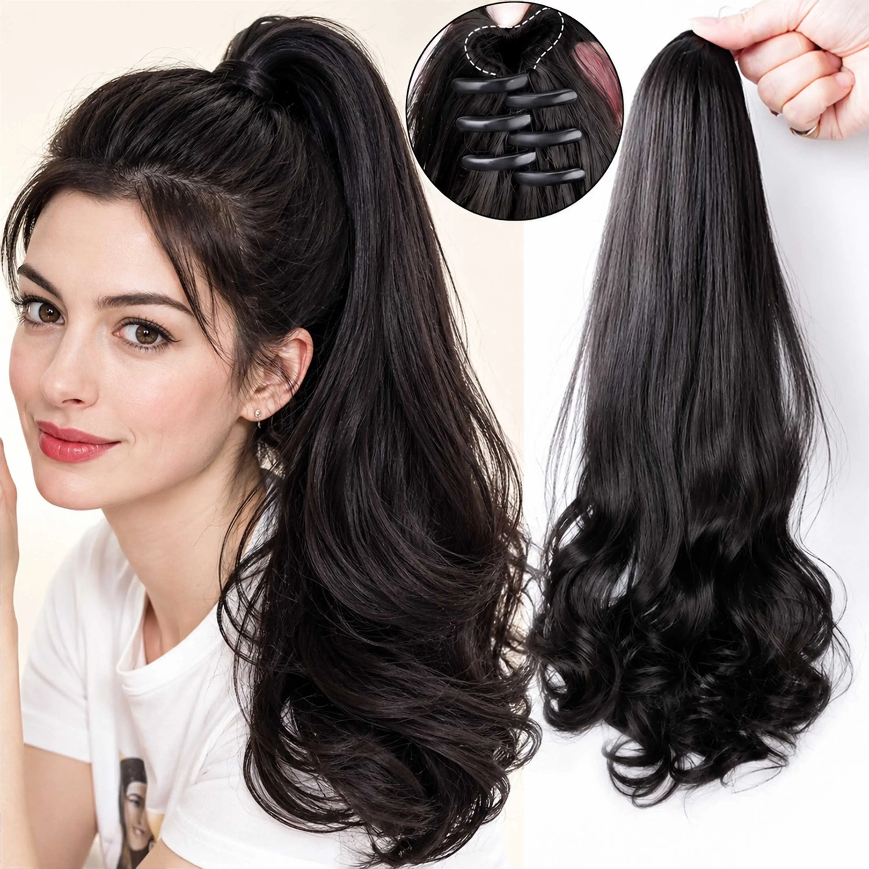 Synthetic Long Straight Claw Clip On Ponytail Hair Extensions 50cm Heat Resistant Pony Tail Hair Piece For Women Daily Party