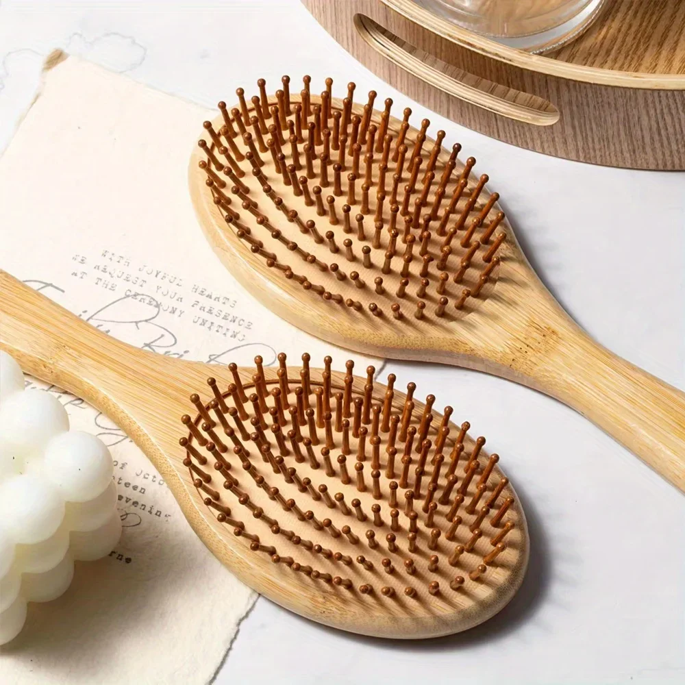 Natural Bamboo Paddle Air Cushion Hair Brush Scalp Massage Anti-Static Detangling Comb Special for Human Hair Wigs