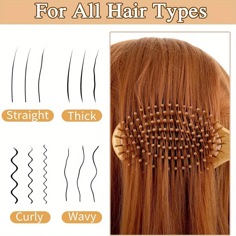 Natural Bamboo Paddle Air Cushion Hair Brush Scalp Massage Anti-Static Detangling Comb Special for Human Hair Wigs