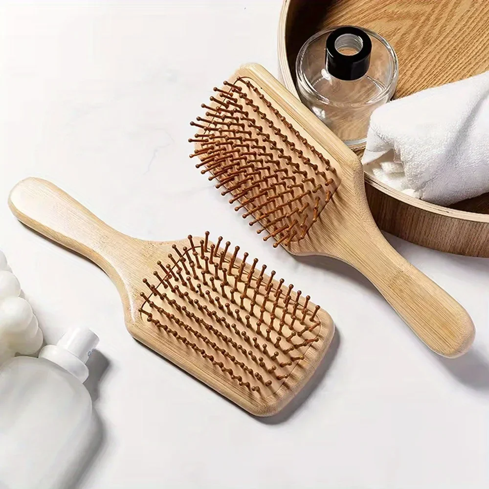 Natural Bamboo Paddle Air Cushion Hair Brush Scalp Massage Anti-Static Detangling Comb Special for Human Hair Wigs