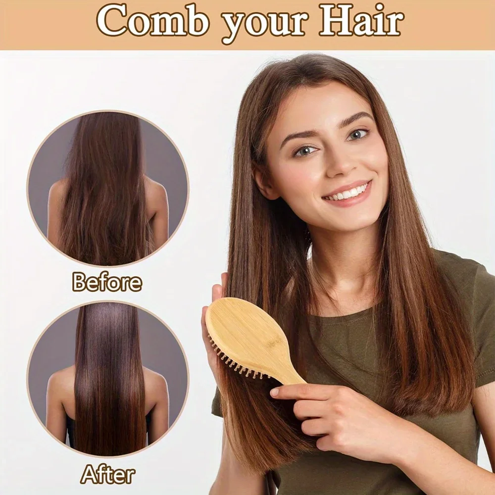 Natural Bamboo Paddle Air Cushion Hair Brush Scalp Massage Anti-Static Detangling Comb Special for Human Hair Wigs