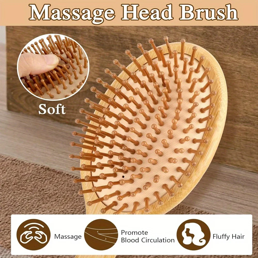 Natural Bamboo Paddle Air Cushion Hair Brush Scalp Massage Anti-Static Detangling Comb Special for Human Hair Wigs