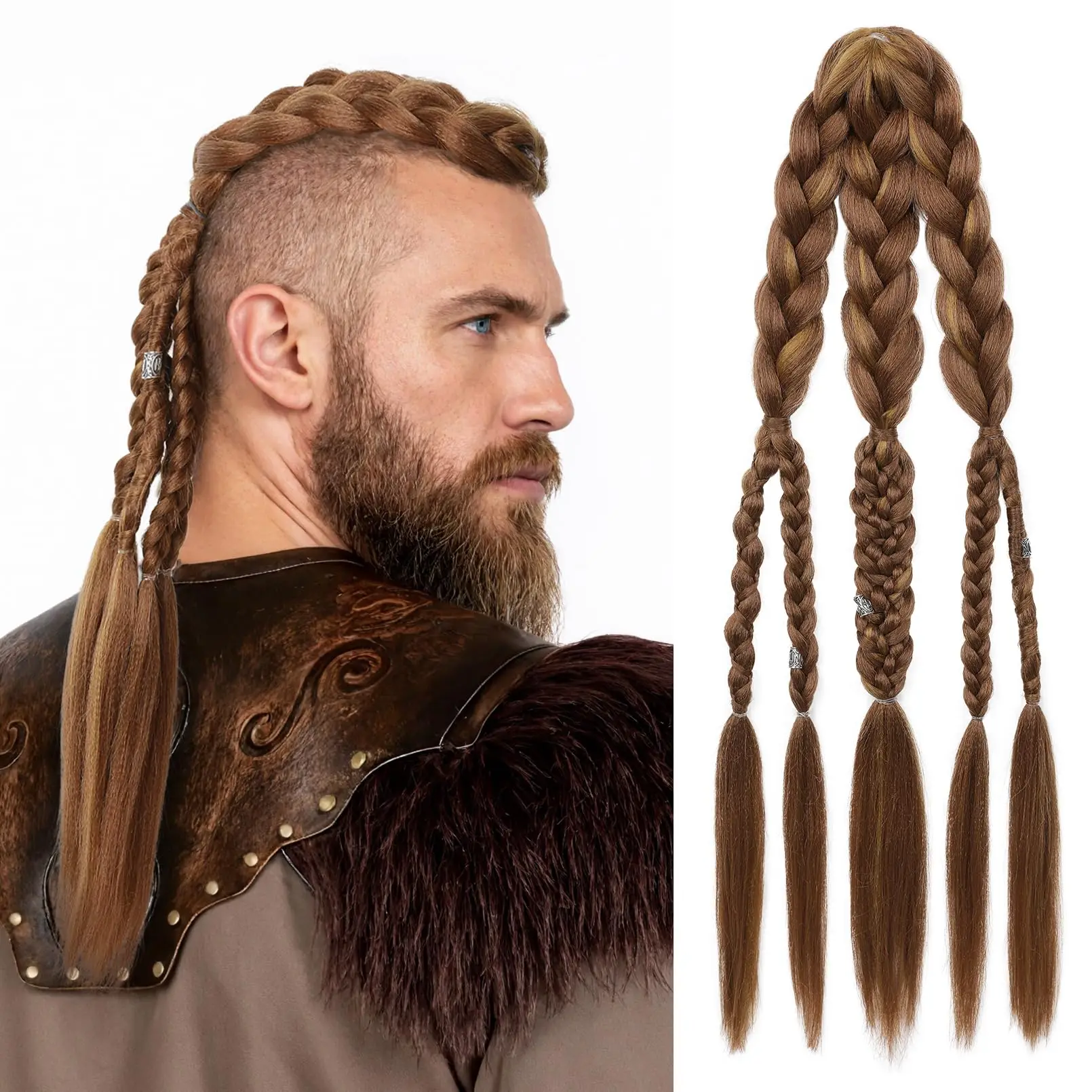24" Clip In Braided Ponytail Hairpiece for Halloween Viking Costume Renaissance Warrior Accessories - Warm Brown with Highlights