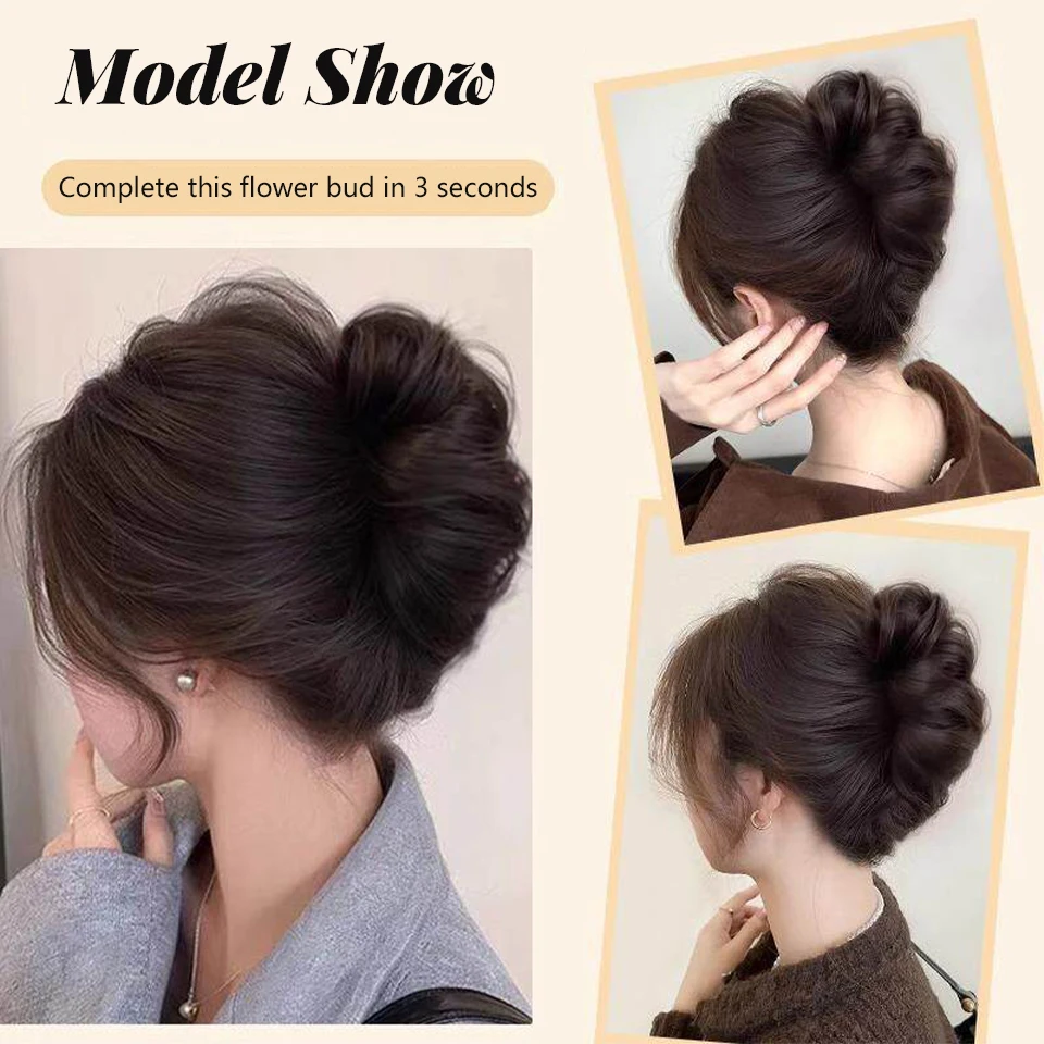 Synthetic wig clip with bun head short and long curly hair clip style flower bud fluffy and fashionable bun head