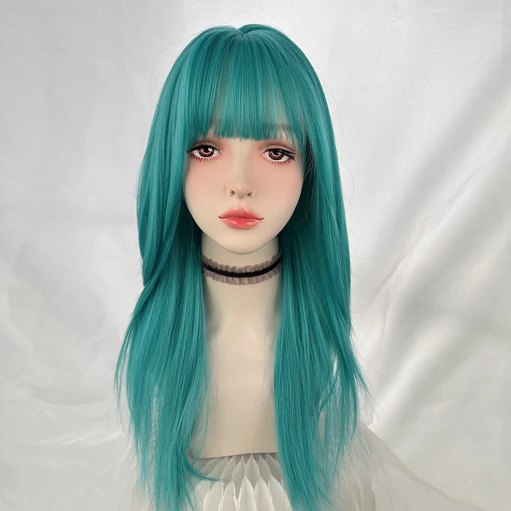 Green Blue Synthetic Long Straight Women Wig with Bangs Lolita Cosplay Fluffy Heat Resistant Wig for Daily Party