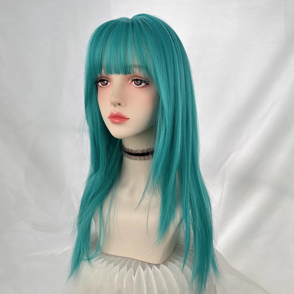 Green Blue Synthetic Long Straight Women Wig with Bangs Lolita Cosplay Fluffy Heat Resistant Wig for Daily Party