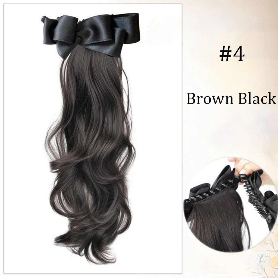 Elegant Synthetic Silk Bowknot Banana Claw Clip Ponytail Wig With Grab Clip Long Wavy Layered Ponytail for Women Daily Party Use