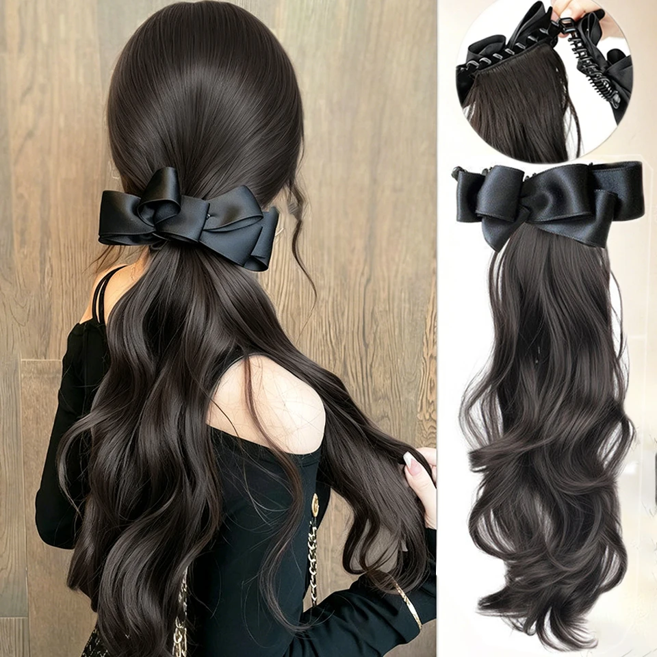Elegant Synthetic Silk Bowknot Banana Claw Clip Ponytail Wig With Grab Clip Long Wavy Layered Ponytail for Women Daily Party Use
