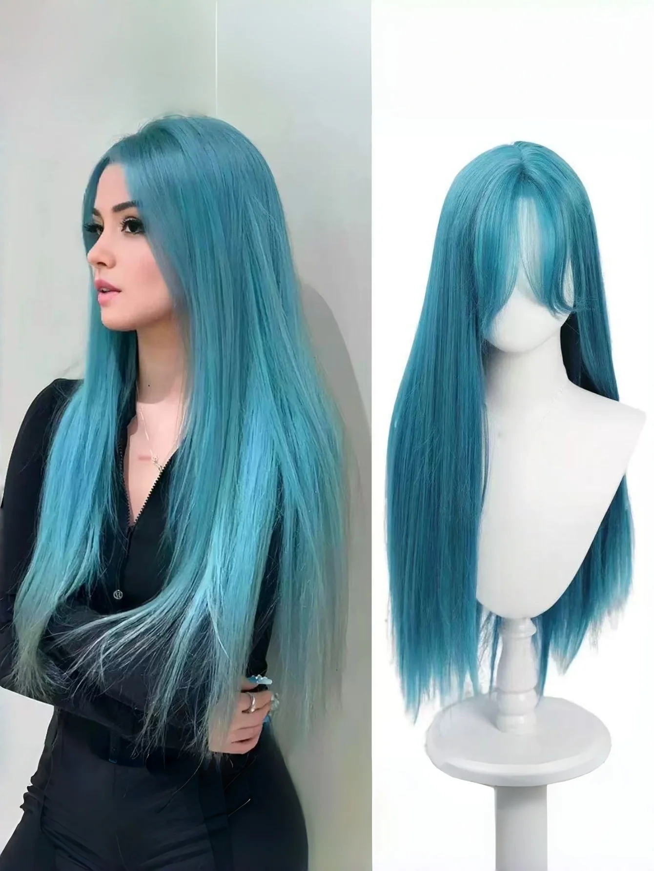 Teal Blue Long Straight Wig – Synthetic Hair with Bangs, Smooth Shine & Natural Parting for Anime, Cosplay, Festival & Stage